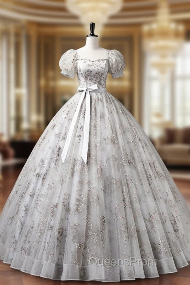 Gray Tulle Sequins Long Evening Prom Dress, A-Line Evening Party Dress Main image