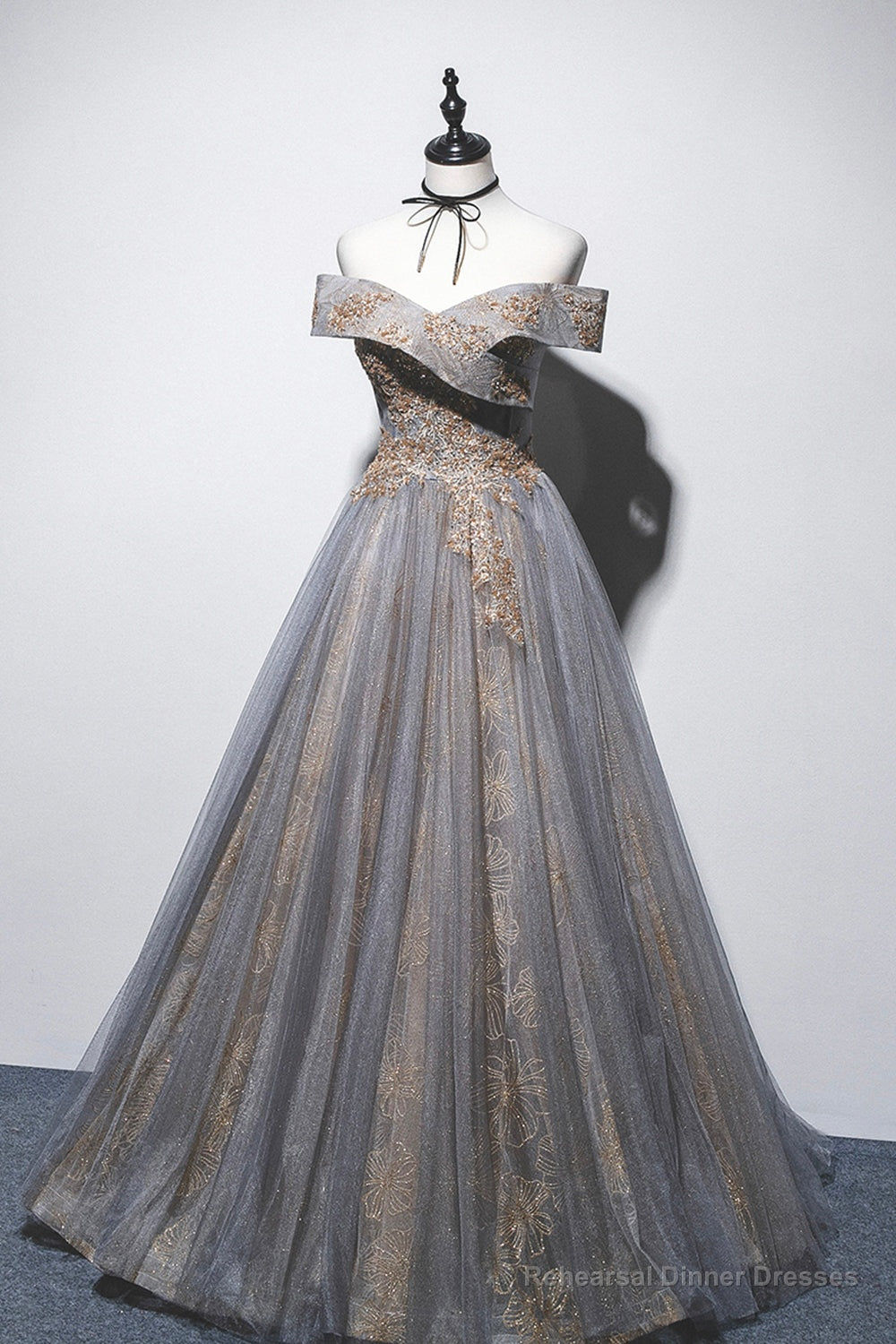 Gray Tulle Sequins Long Prom Dress, Off Shoulder Evening Dress Secondary image