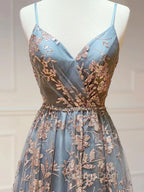 Gray Tulle Sequins Long Evening Prom Dress, A-Line Spaghetti Straps Evening Dress