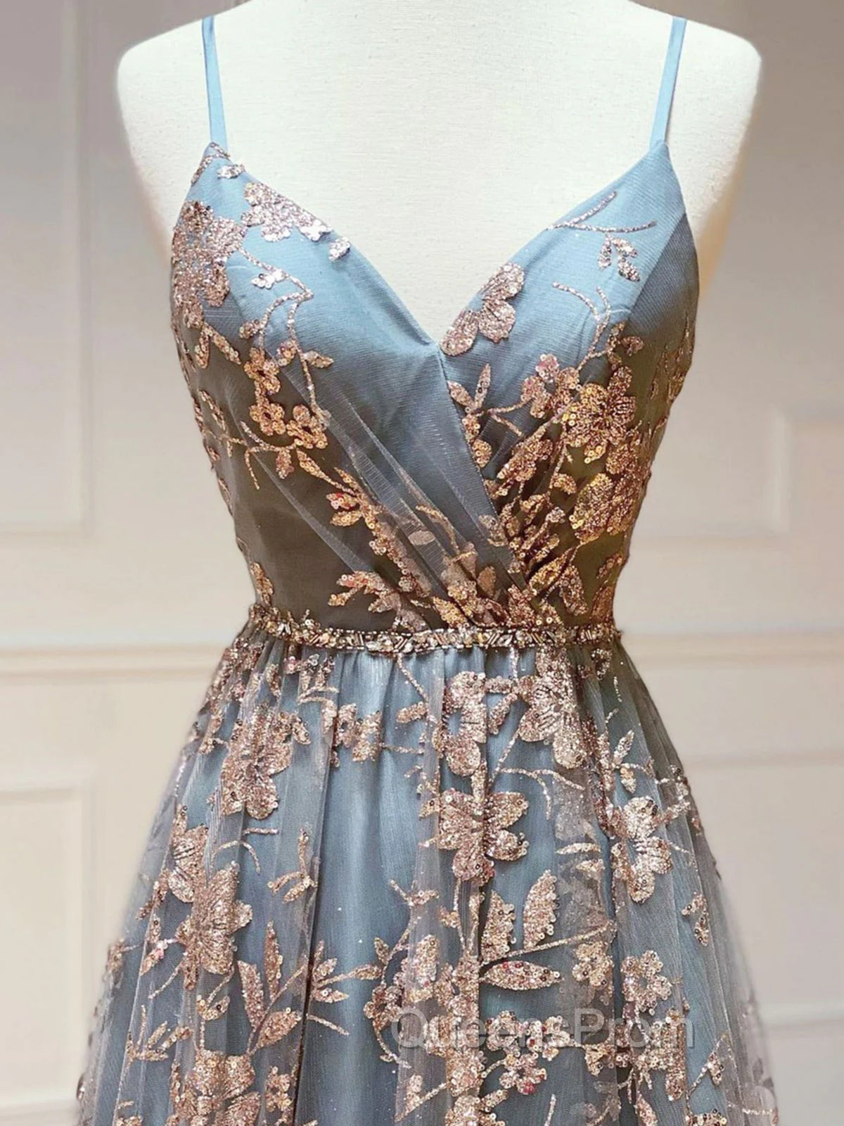 Gray Tulle Sequins Long Evening Prom Dress, A-Line Spaghetti Straps Evening Dress