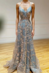 Gray Tulle Sequins Long Evening Prom Dress, A-Line Spaghetti Straps Evening Dress