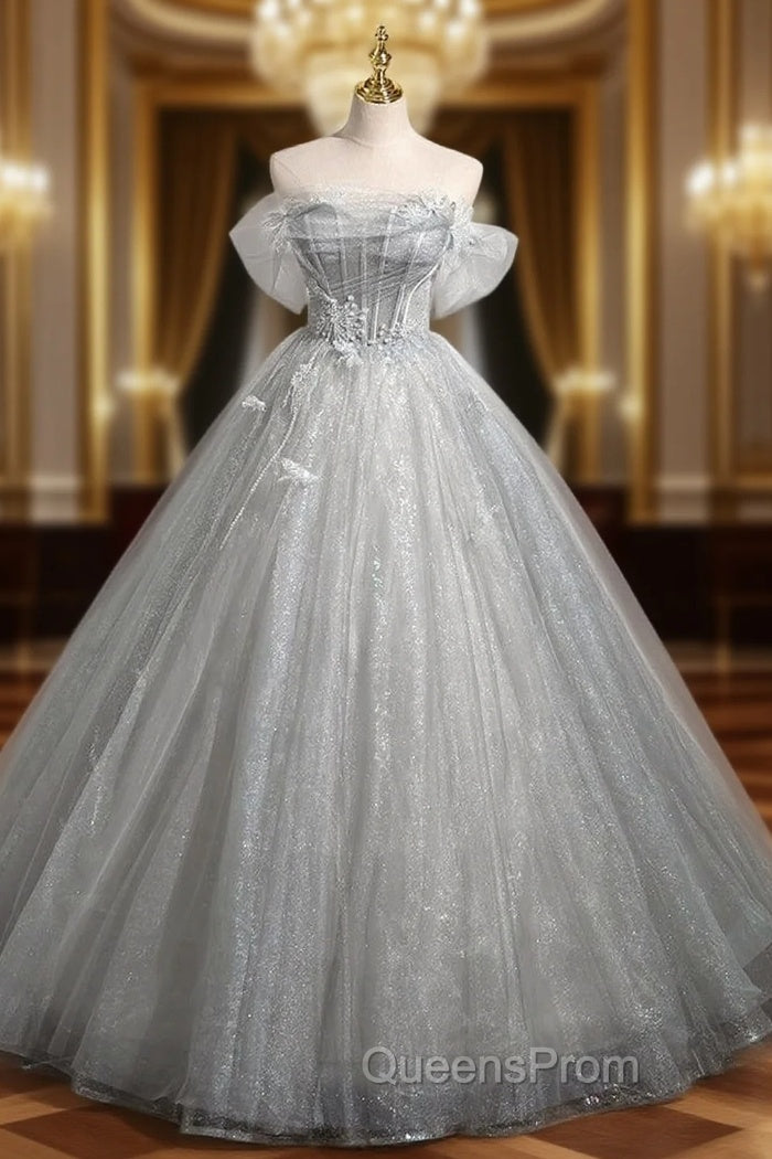 Gray Tulle Sequins Off the Shoulder Appliques Quinceanera Dress