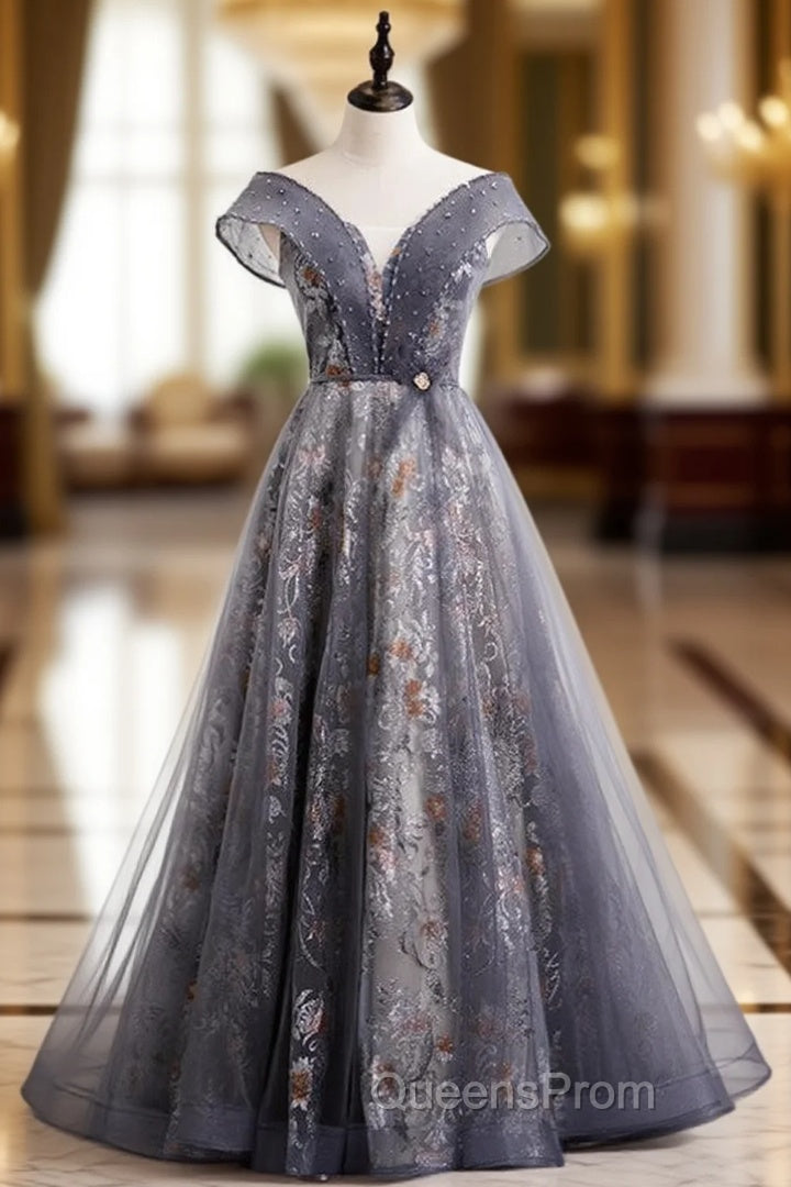 Gray Tulle Sequins Off the Shoulder Beading Evening Prom Dress