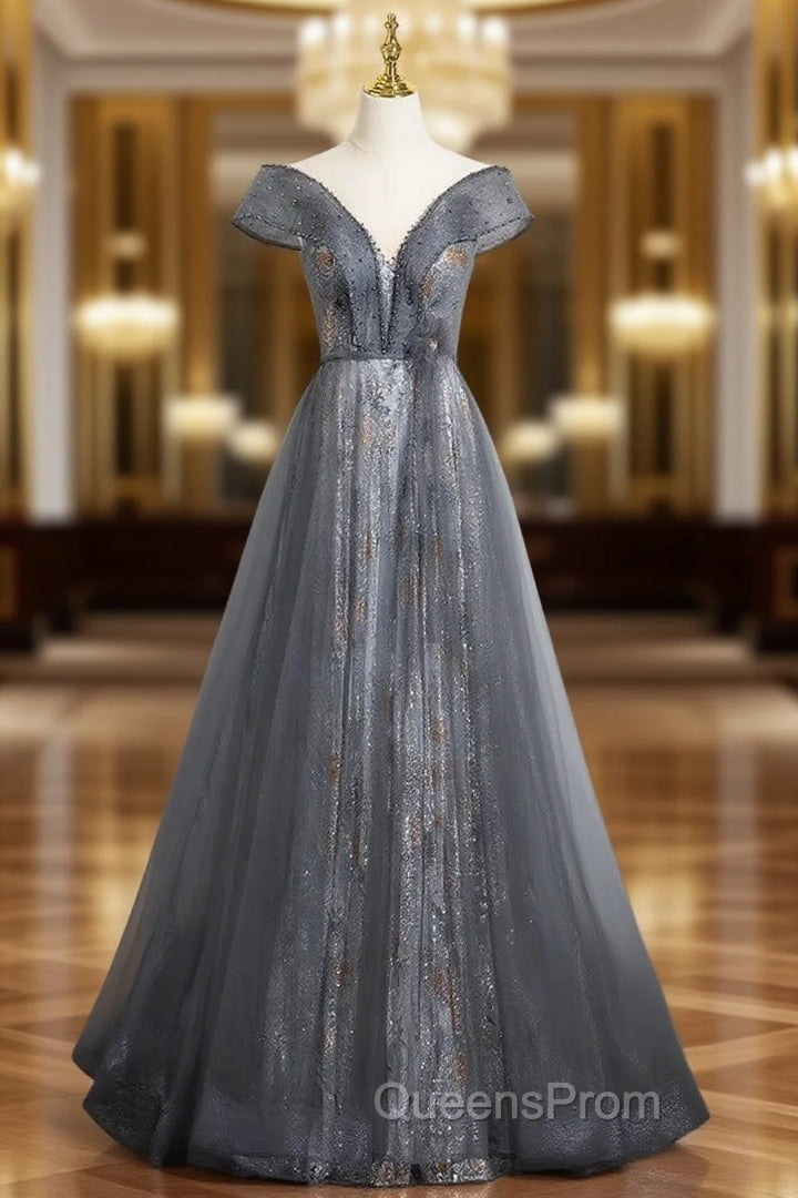Gray Tulle Sequins Off the Shoulder Pearls Evening Prom Dress