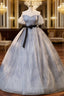 Gray Tulle Sequins Off the Shoulder Puff Sleeve Quinceanera Dress