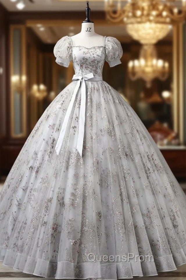 Gray Tulle Sequins Puff Sleeve Quinceanera Dress Main image