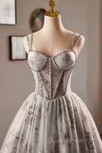 Gray Tulle Sequins Short Evening Prom Dress, A-Line Spaghetti Straps Backless Party Dress