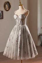 Gray Tulle Sequins Short Evening Prom Dress, A-Line Spaghetti Straps Backless Party Dress