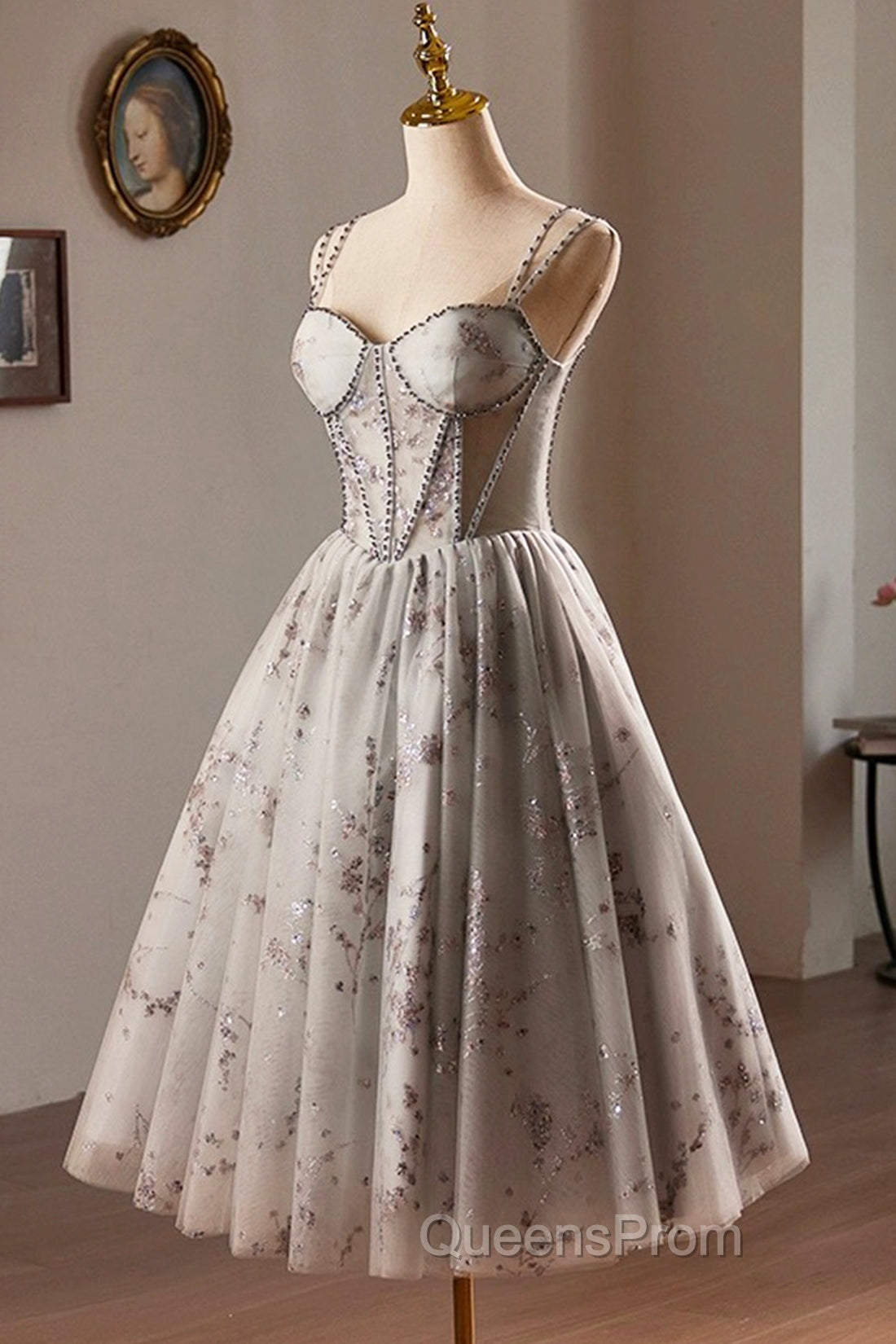 Gray Tulle Sequins Short Evening Prom Dress, A-Line Spaghetti Straps Backless Party Dress