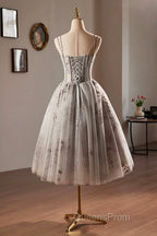 Gray Tulle Sequins Short Evening Prom Dress, A-Line Spaghetti Straps Backless Party Dress