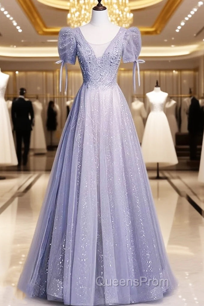 Gray Tulle Sequins Short Sleeve Beading Evening Prom Dress