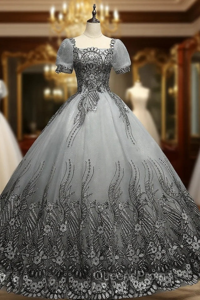 Gray Tulle Sequins Short Sleeve Quinceanera Dress Main image