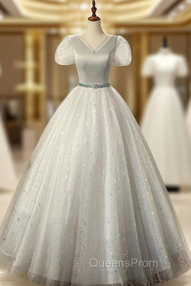 Gray Tulle Sequins Short Sleeve V-neck Quinceanera Dress