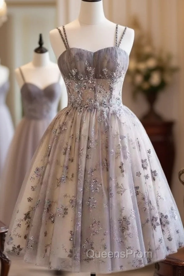 Gray Tulle Sequins Spaghetti Straps Homecoming Dress