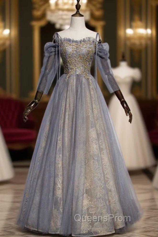 Gray Tulle Sequins Spaghetti Straps Long Sleeve Evening Prom Dress
