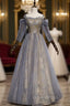 Gray Tulle Sequins Spaghetti Straps Long Sleeve Evening Prom Dress