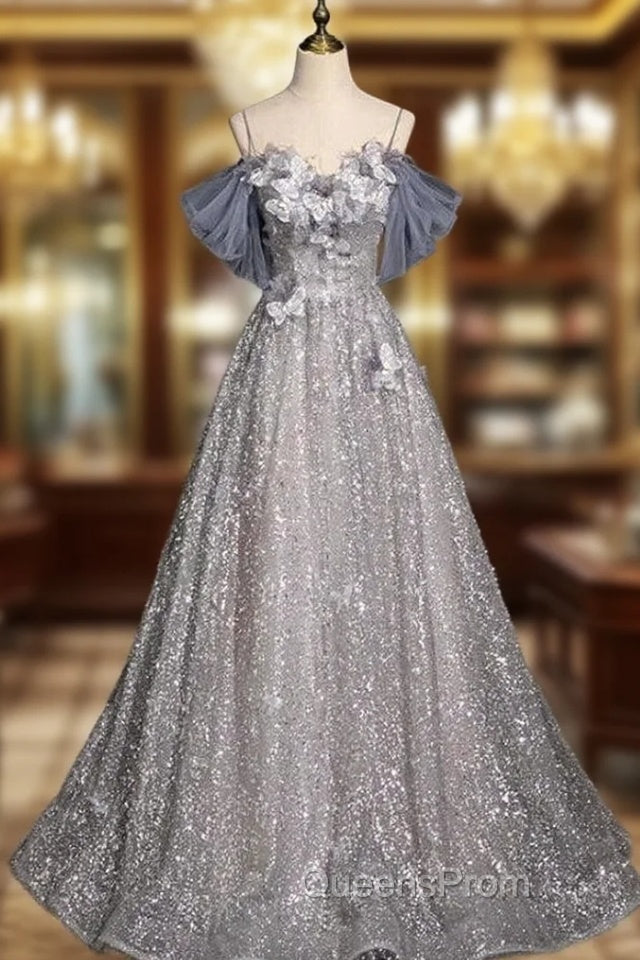 Gray Tulle Sequins Spaghetti Straps Evening Prom Dress Main image