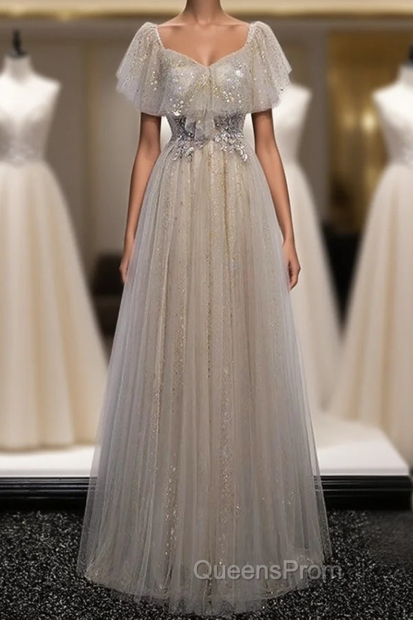 Gray Tulle Sequins Square Appliques Beading Evening Prom Dress