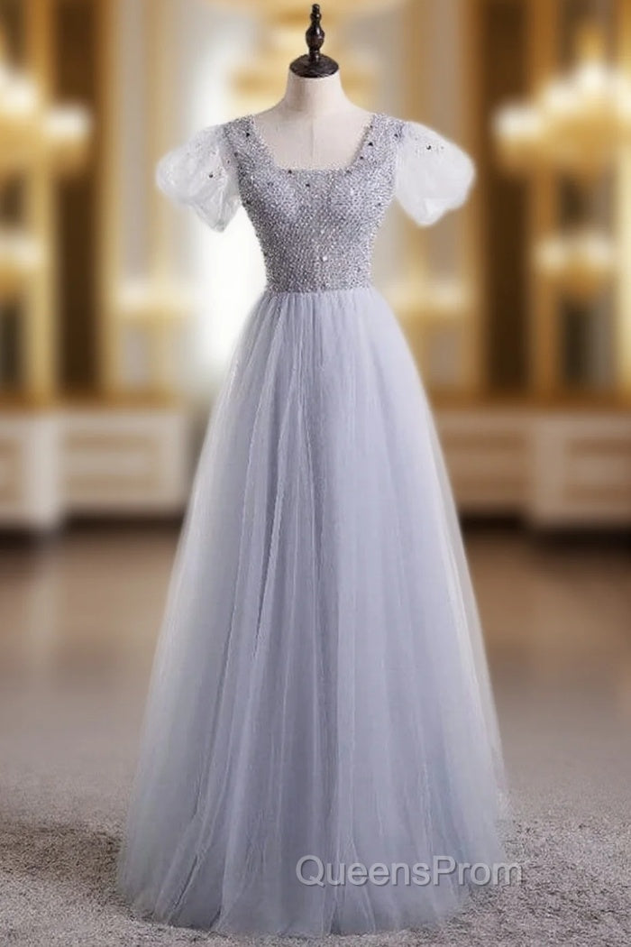 Gray Tulle Sequins Sqyare Short Sleeve Beading Evening Prom Dress Main image