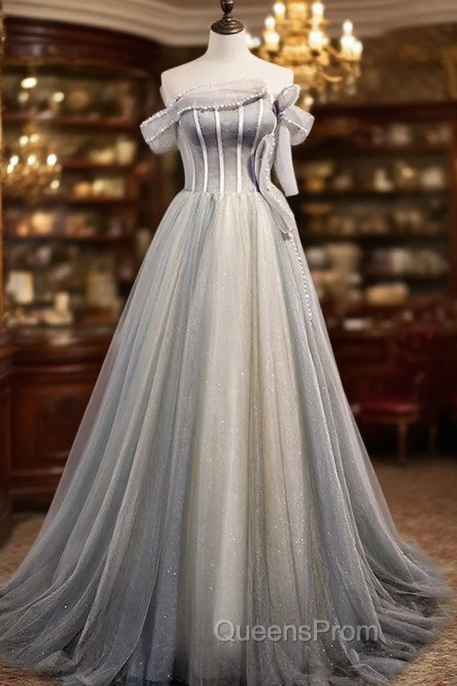 Gray Tulle Sequins Strapless Pearls Evening Prom Dress Main image