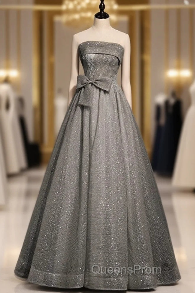 Gray Tulle Sequins Strapless Pleats Beading Evening Prom Dress Main image