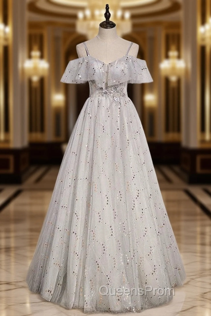 Gray Tulle Sequins Straps Beading Evening Prom Dress