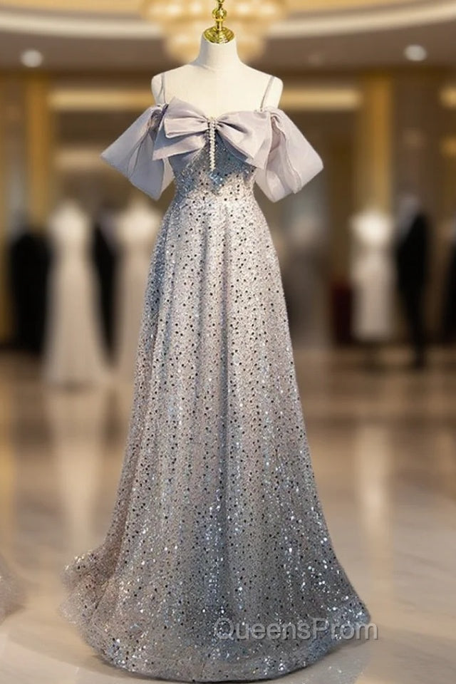 Gray Tulle Sequins Straps Bow Evening Prom Dress