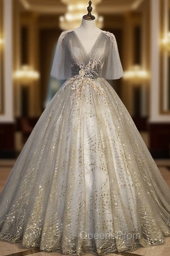 Gray Tulle Sequins V-neck Appliques Pleats Quinceanera Dress Main image