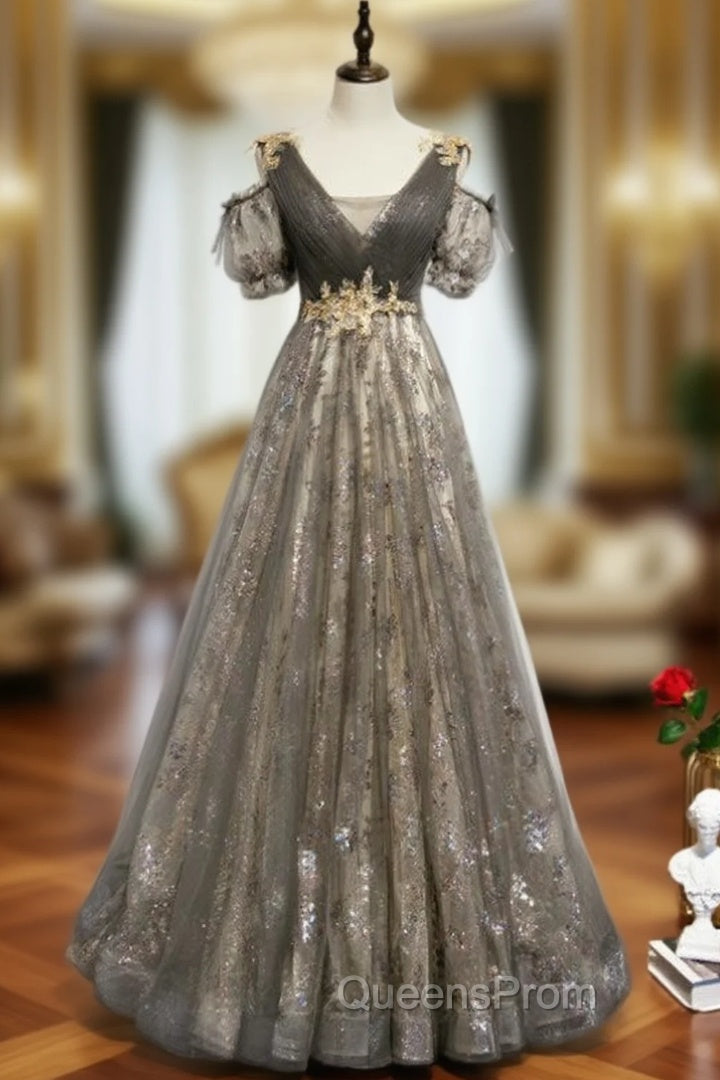 Gray Tulle Sequins V-neck Pleats Beading Evening Prom Dress