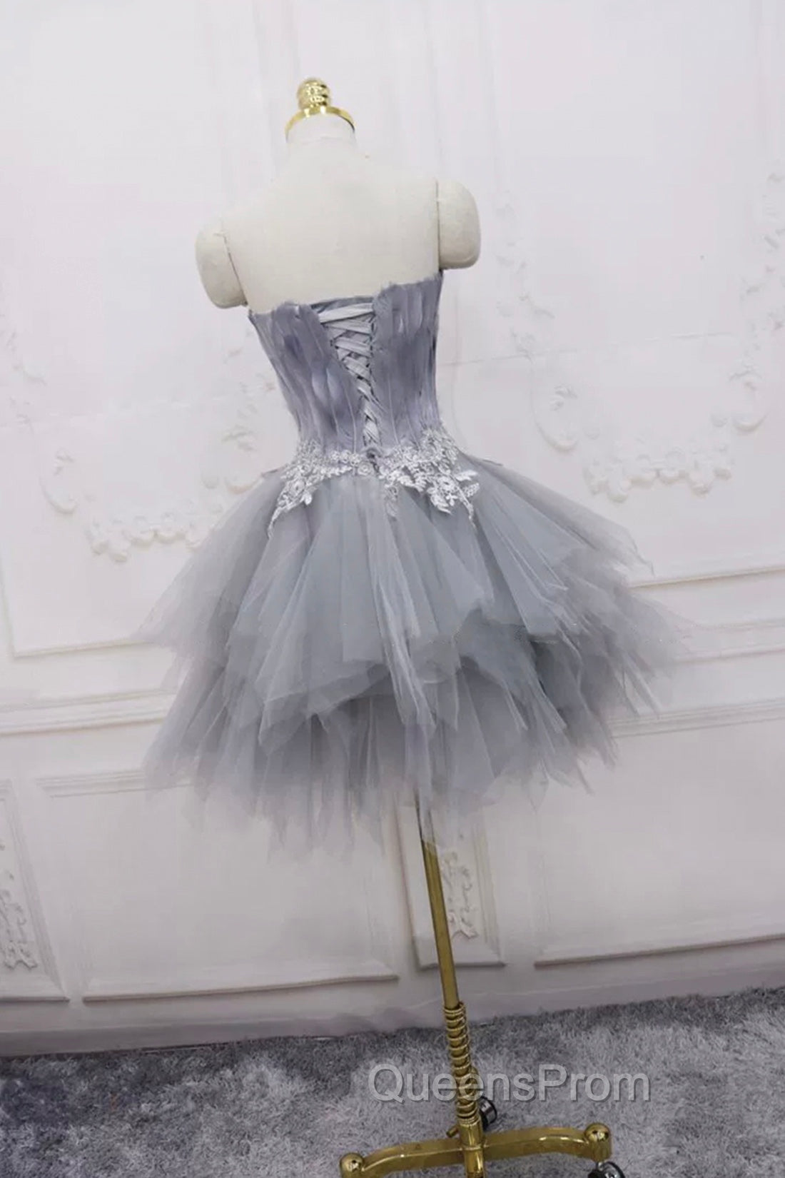 Gray Tulle Short Evening Prom Dress with Feather, Chic A-Line Strapless Party Dress Secondary image