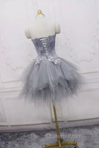 Gray Tulle Short Evening Prom Dress with Feather, Chic A-Line Strapless Party Dress