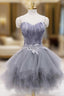 Gray Tulle Short Evening Prom Dress with Feather, Chic A-Line Strapless Party Dress