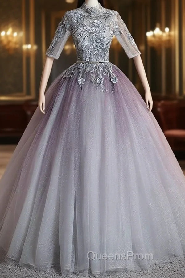 Gray Tulle Short Sleeve High Neck Quinceanera Dress Main image