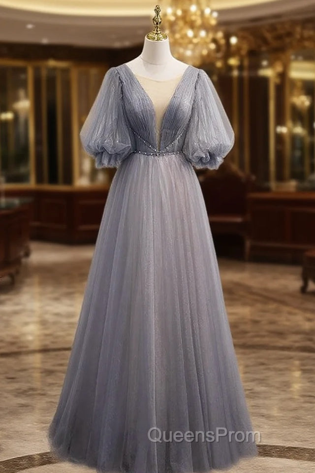Gray Tulle Short Sleeve Pleats Beading Evening Prom Dress