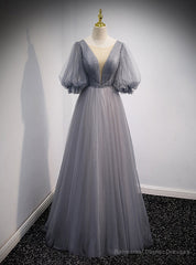 Gray Tulle Short Sleeve Pleats Beading Prom Dress
