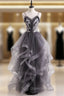 Gray Tulle Spaghetti Straps Appliques Evening Prom Dress