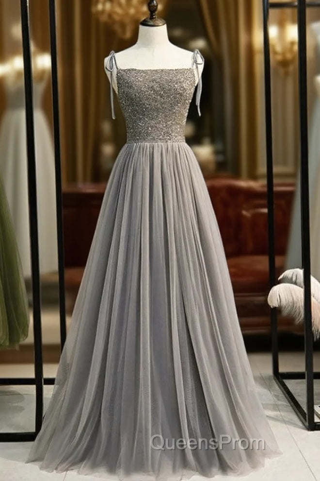 Gray Tulle Spaghetti Straps Beading Backless Evening Prom Dress Main image