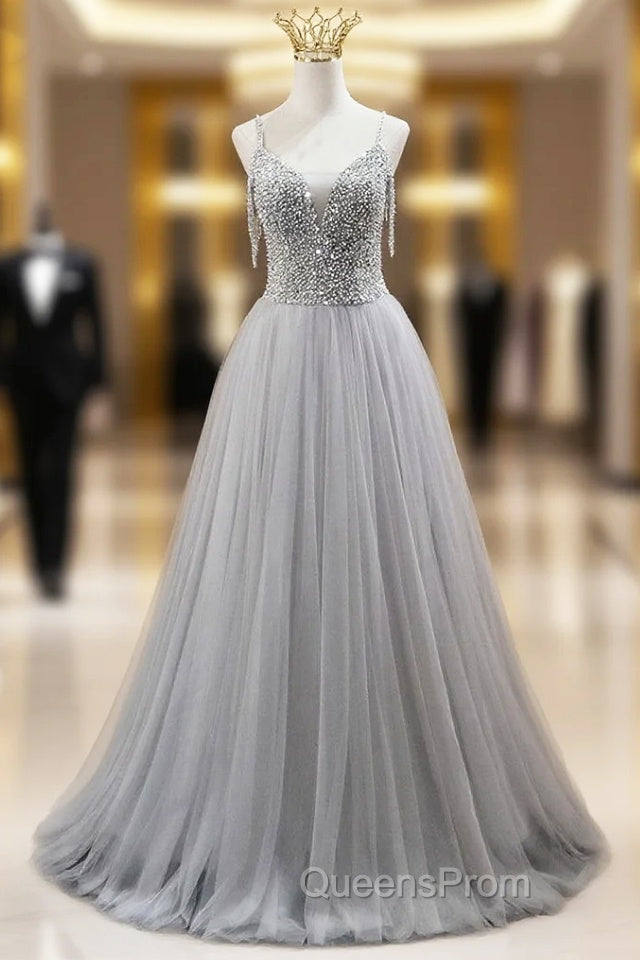 Gray Tulle Spaghetti Straps Beading Pearls Evening Prom Dress