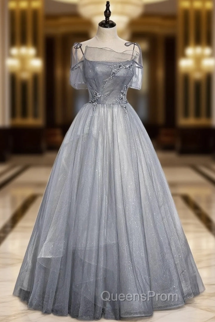 Gray Tulle Spaghetti Straps Beading Evening Prom Dress