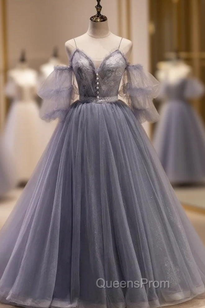 Gray Tulle Spaghetti Straps Button Evening Prom Dress Main image