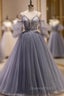 Gray Tulle Spaghetti Straps Button Evening Prom Dress
