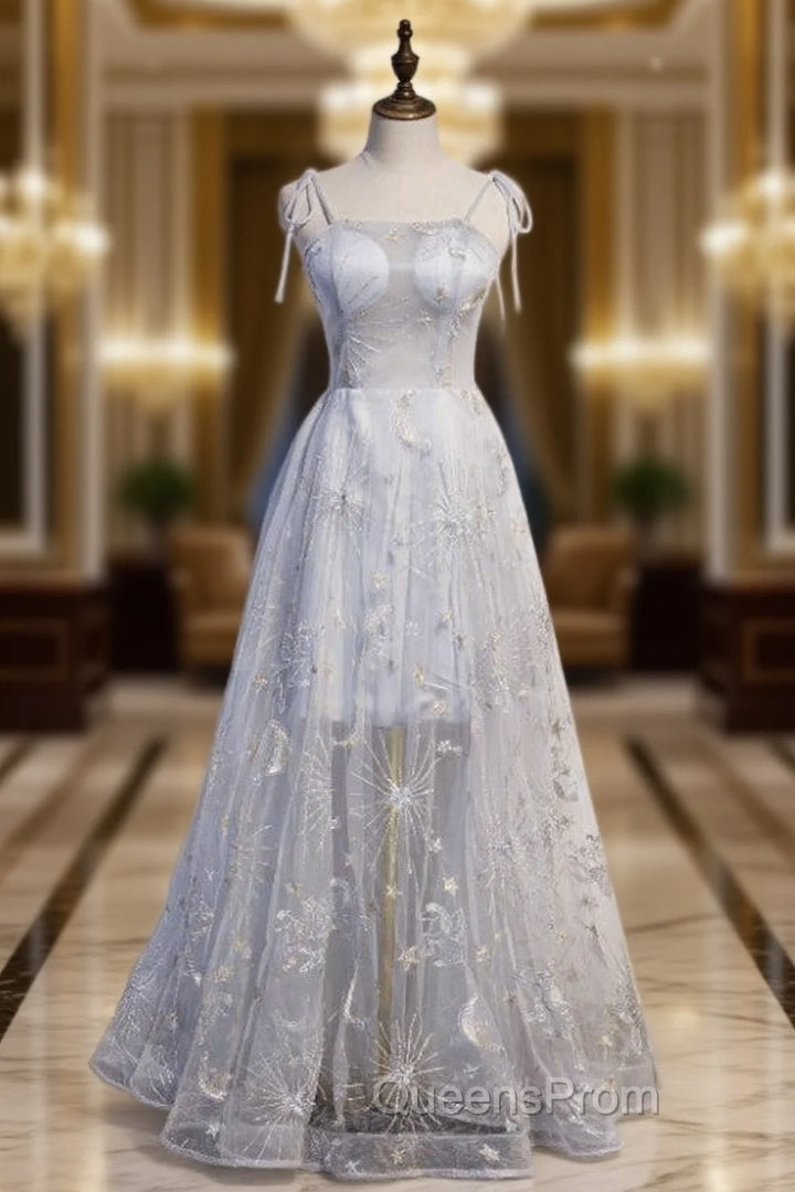 Gray Tulle Spaghetti Straps Embroidery Evening Prom Dress Main image