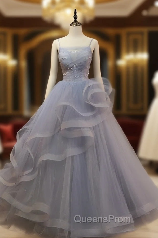 Gray Tulle Spaghetti Straps Pearls Evening Prom Dress Main image