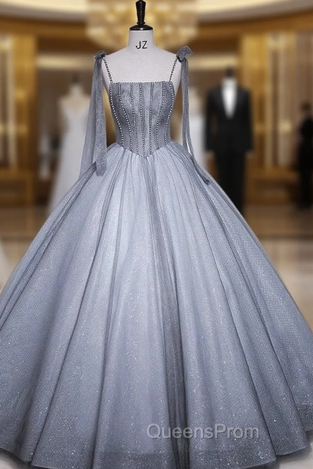 Gray Tulle Spaghetti Straps Pearls Quinceanera Dress Main image