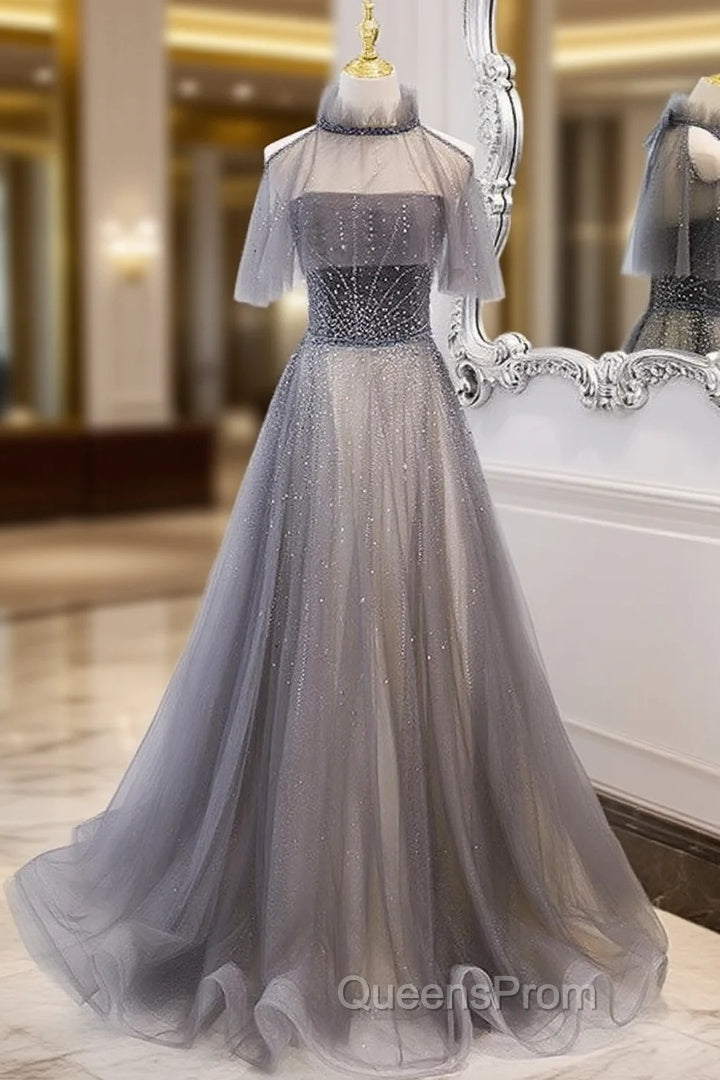 Gray Tulle Strapless Beading Evening Prom Dress With Shawl