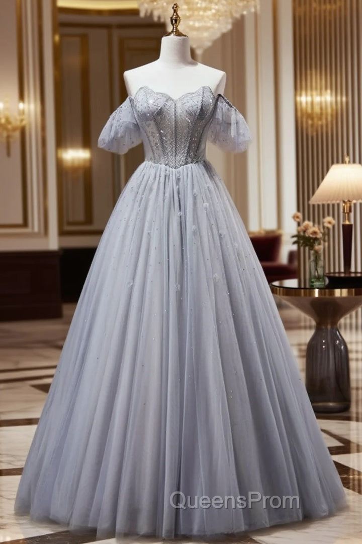 Gray Tulle Strapless Beading Evening Prom Dress Main image