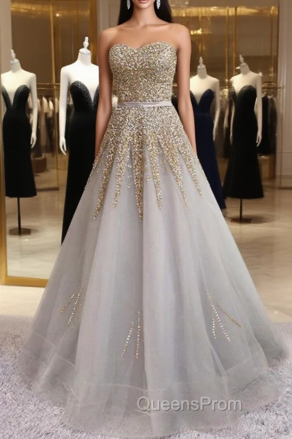 Gray Tulle Strapless Beading Sequins Evening Prom Dress Main image