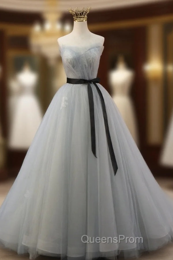 Gray Tulle Strapless Lace Pleats Evening Prom Dress Main image