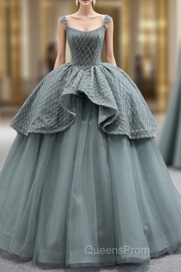 Gray Tulle Straps Beading Evening Prom Dress Main image