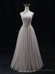 Gray Tulle Sweetheart Beading Prom Dress